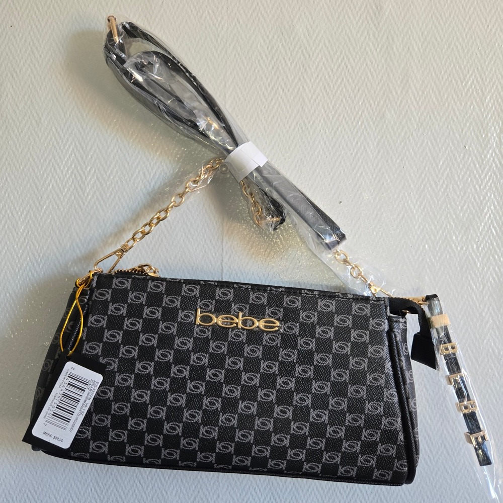 Bebe Adela Monogram Baguette Crossbody Black Gold Y2K Chic NWT OS